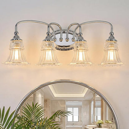 4-Light Vintage Bathroom Light Fixtures, Chrome | Vanity Lights Over Mirror with Floral Glass Shade for Bathroom Powder Room, Living Room Hallway