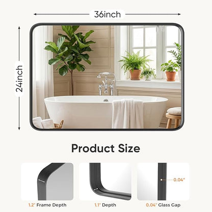 Sweetcrispy Bathroom Wall Mirror, 36x24 Inch Mirror for Over Sink, Black | Modern Wall Mount Vanity Mirror, Rounded Rectangle with Matte Brush Metal Framed, for Home Decor, Living Room, Bedroom