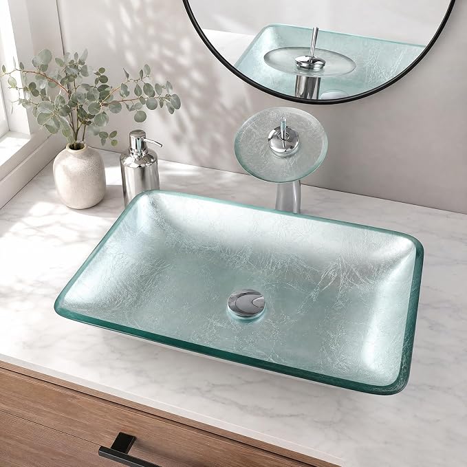 22×14 Inch Tempered Glass Bathroom Vessel Sink, Silver Rectangle | Above Counter, With Faucet and Pop Up Drain Combo, Sinks Bowl for Vanity, Art Basin, Easy Clean and Install