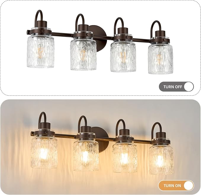 4 Lights Bathroom Vanity Light, Oil Rubbed Bronze Bathroom Light Fixtures with Hammered Glass Lampshade for Dressing Table,Over Mirror,Hallway