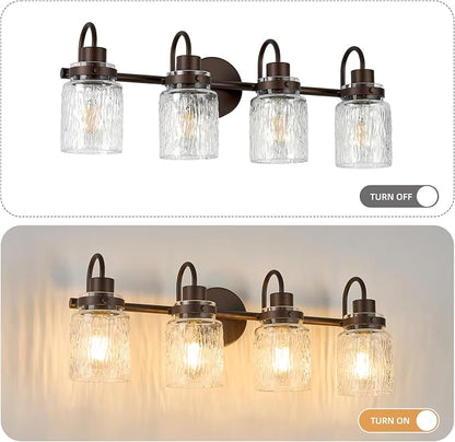 4 Lights Bathroom Vanity Light, Oil Rubbed Bronze Bathroom Light Fixtures with Hammered Glass Lampshade for Dressing Table,Over Mirror,Hallway