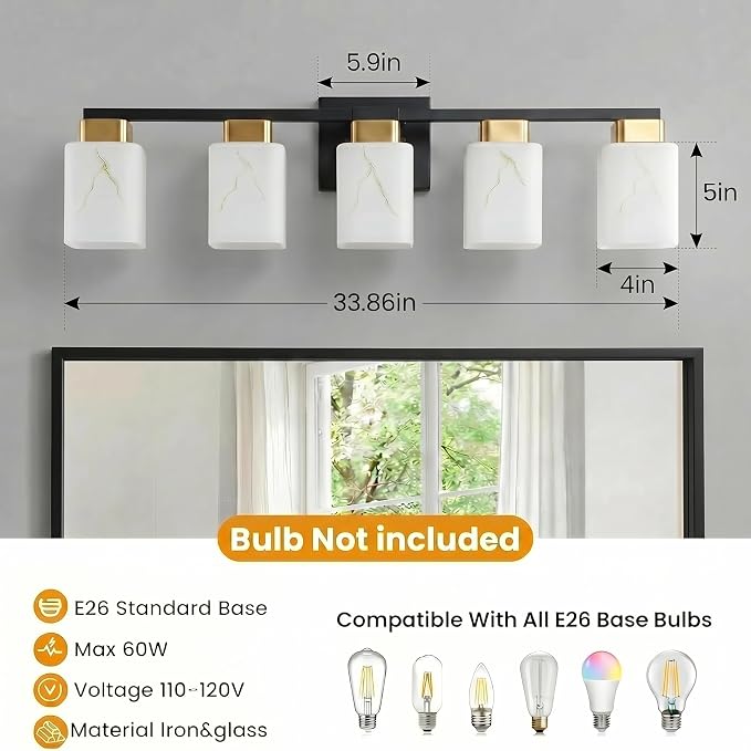 5-Light Square Bathroom Light Fixture, Black and Gold Modern Vanity Light with White Marble Glass Shade, for Bathroom Mirror, Living Room, Bedroom, Hallway, E26 Base