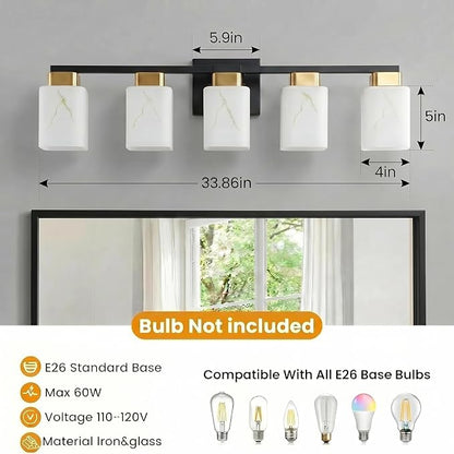 5-Light Square Bathroom Light Fixture, Black and Gold Modern Vanity Light with White Marble Glass Shade, for Bathroom Mirror, Living Room, Bedroom, Hallway, E26 Base