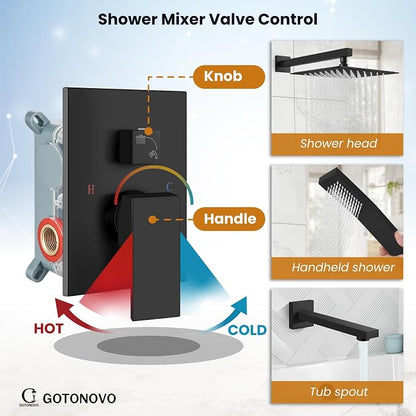 gotonovo Bathtub Shower Faucet Set, 12 Inch Shower Head, Matte Black | Wall Mounted Shower System with Tub Spout for Bathroom, Square High Pressure Rain Shower head with Handheld Spray, All Metal