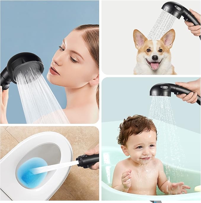 SINGSUO High Pressure Handheld Shower Head with On Off Switch (Black) | Detachable Shower Head, 3 Spray Modes Shower Massager Handheld with Hose and Adjustable Angle Bracket