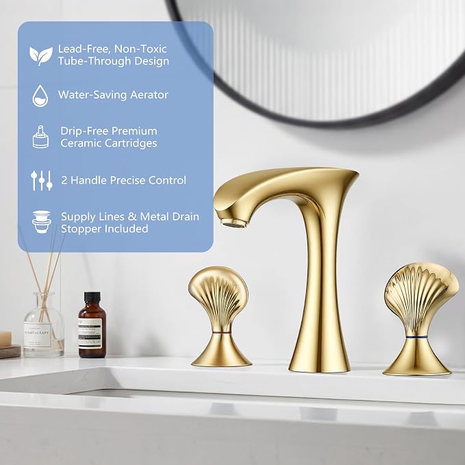 Gold Bathroom Faucet 3 Hole, 8 Inch Widespread Bathroom Sink Faucet for Vanity, 2 Handle Bathroom Faucets, Bathroom Vanity Faucet with Pop-Up Drain and Supply Hoses
