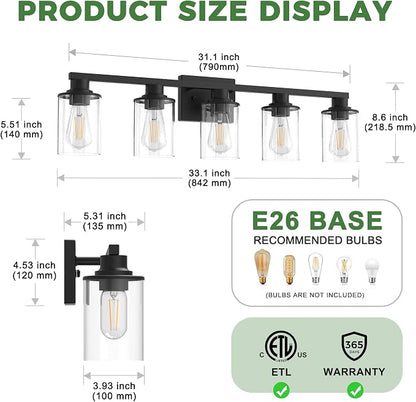 DORESshop 5-Light Black Bathroom Vanity Light Fixture ETL Listed | Modern Bathroom Vanity Light, Black Wall Light Fixture With Clear Glass Shade, Mirror Lighting for Hallway Living Room