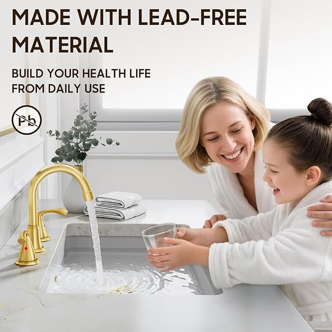 Phiestina 8 Inch 3 Hole 2 Handle Widespread Brushed Gold Bathroom Sink Faucet, Modern Bathroom Faucet with Metal Pop up Drain and Water Supply Lines, WFJC180-BG