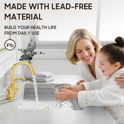 Phiestina 8 Inch 3 Hole 2 Handle Widespread Brushed Gold Bathroom Sink Faucet 2 Pack, Modern Bathroom Faucet with Metal Pop up Drain and Water Supply Lines,WFJC180-BG-2PACK