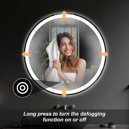 NEWBULIG 30'' Round LED Bathroom Mirror with Lights, Circle Vanity Mirror | Anti-Fog, Dimmable, 3-Color Light, Front Light and Backlit, Memory Function, Tempered Glass