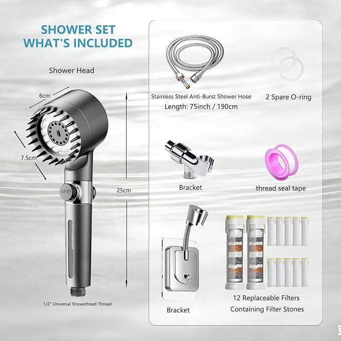High Pressure Filtered Shower Head with Handheld for Hard Water | Ion Shower Head with 12 Replaceable Water Softener Filters,78" Anti-Burst Hose,Adjustable Bracket,4 Spray Modes,ON/OFF Switch