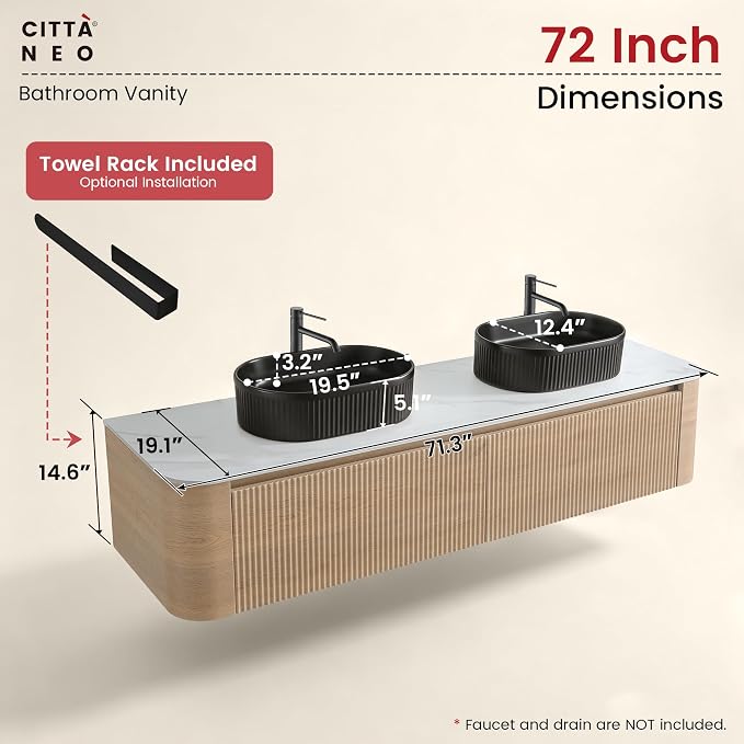 72" Floating Bathroom Vanity with Double Black Sink, Honey Oak | Pre-Assembled Fluted Wall Mounted Vanity with Ceramic Sink, Sintered Stone Countertop, Soft-Close Drawers & Towel Rack