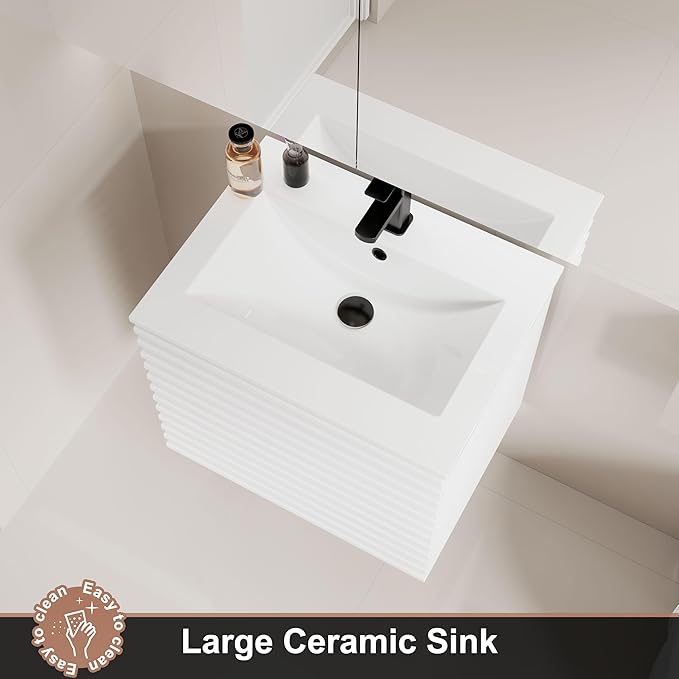 LUCKWIND 24" Floating Bathroom Vanity with Sink, Mid-Century Wall Mounted Big Drawer Cabinet with Ceramic Sink, Water Saving Faucet and Wood Stripes Style, White