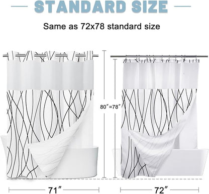 LXBNI No Hook Shower Curtain with Snap-in Liner, Waterproof & Washable Polyester Fabric, Abstract Line Pattern, Hotel Style Modern Shower Curtains for Bathroom, 71x80 Inches,Black & White