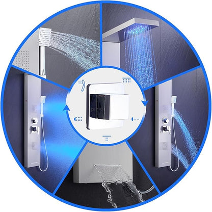 MENATT Shower Tower Panel System with LED Lights, Stainless Steels Shower Tower System with Rainfall Shower Head, 2-in-1 Body Jets,Handheld Showerhead,Bathtub Filler (Brushed Nickel)
