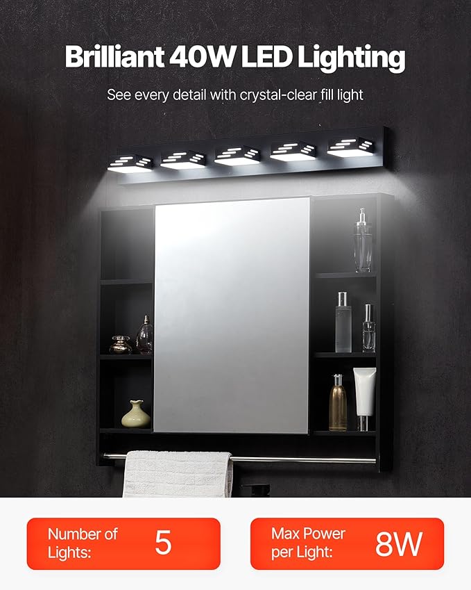 VEVOR 5-Light LED Modern Vanity Light Fixtures, 33.46-Inch, Black Finish Bathroom Wall Lighting Fixture Over Mirror, with IP44 Waterproof, for Bathroom, Living Room, Bedroom, Hallway, Cool White 6000K