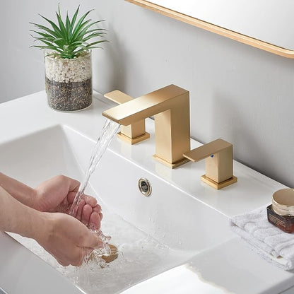 Brushed Gold Bathroom Sink Faucet, 3 Hole Waterfall Bathroom Faucet, 2 Handle Vanity Bath Faucets, Modern Bathroom Faucet with Supply Hoses and Drain, HT-BF301
