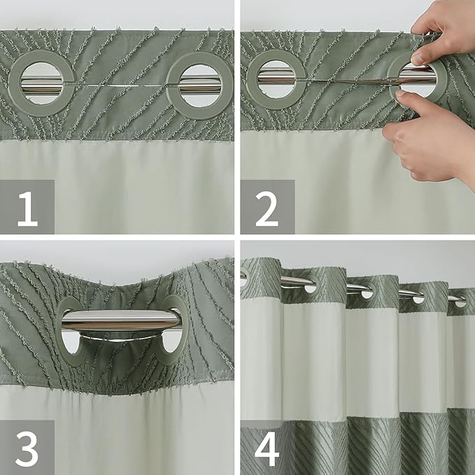 eachope no Hook Shower Curtain and Liner Set，Boho Style with See Through Top Window, Black Fabric Tufted Striped Textured Outer Curtain & Waterproof Inner Liner, SageGreen, 71Wx80H