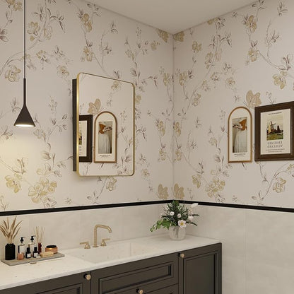 20x28 in Brushed Gold Medicine Cabinet with Mirror for Bathroom | Fully Assembled; Recessed or Surface Wall Mount; Metal Cabinet with Tempered Glass Mirror and Two Adjustable Glass Shelves