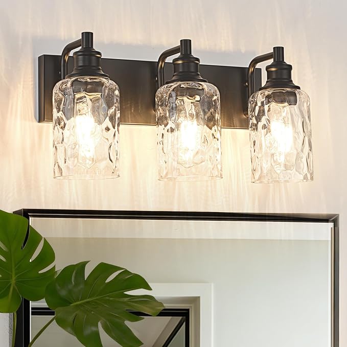 Bathroom Light Fixtures Over Mirror, 3 Lights Vanity Lights with Hammered Glass Shade, 17.8" Matte Black Farmhouse Bathroom Light Fixtures for Bedroom, Porch, Hotel, Mirror Cabinet