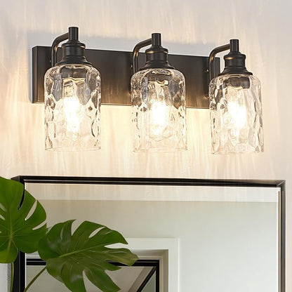 Bathroom Light Fixtures Over Mirror, 3 Lights Vanity Lights with Hammered Glass Shade, 17.8" Matte Black Farmhouse Bathroom Light Fixtures for Bedroom, Porch, Hotel, Mirror Cabinet