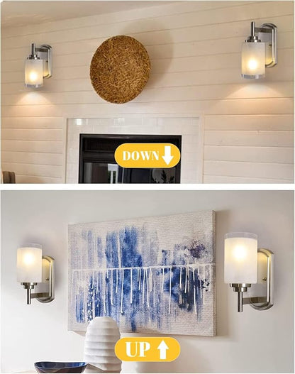 Sconces Wall Lighting Set of Two, Bathrooom Glass Vanity Light | Brushed Nickel Finish, 2 Pack, Frosted Glass Shade, Modern Wall Light Fixtures, For Porch Bedroom Hallway Living Room