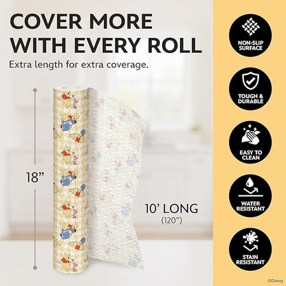 Disney Non Adhesive Shelf Liner – 18”x 10 ft Water-Resistant Drawer Liners for Kitchen Cabinets, Pantry, Fridge & Dressers – Easy Cut Cabinet Liner Roll- Mickey Mouse, Stitch & Winnie The Pooh