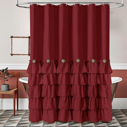 Seasonwood Burgundy Shower Curtain with Nature Buttons Extra Long Shower Curtain Ruffle Shower Curtains Farmhouse Shower Curtains for Bathroom 72" W x 84" L,Burgundy/Red