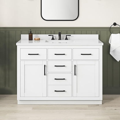 OVE Decors Bailey 48 in. Single Sink Freestanding White Bathroom Vanity with White Quartz Top, Matching Backsplash, Power Bar and Matte Black Hardware