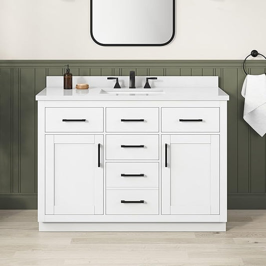 OVE Decors Bailey 48 in. Single Sink Freestanding White Bathroom Vanity with White Quartz Top, Matching Backsplash, Power Bar and Matte Black Hardware