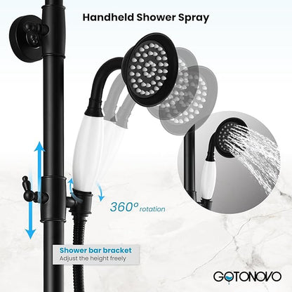gotonovo Bathroom Exposed Shower Faucet Outdoor Shower System 8 Inch Rainfall Shower Head Set with Tub Spout and Handheld Spray Double Cross Handles Wall Mount without Shower Shelf Matte Black