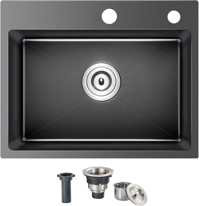 24x18x9 Inch Kitchen Sink, for Modern Kitchen/RV/Outdoor Sink | 304 Stainless Steel Single Bowl, 2-Hole Drop In Installation, R10 Tight Corner, Black