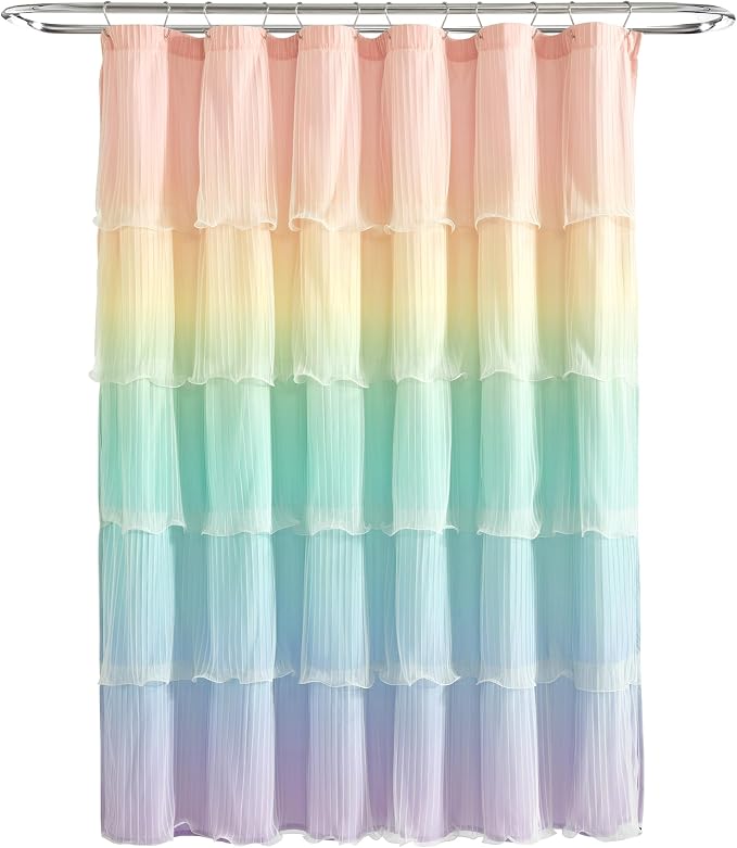 Lush Decor Rainbow Ombre Nerina Ruffled Shower Curtain Single 72" W x 72" L Rainbow -Colorful Shower Curtains for Bathroom - Kids Bathroom Decor