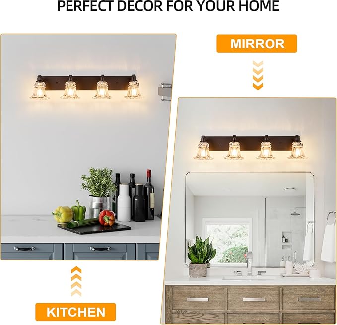 Vintage 4-Light Bathroom Vanity Light, Oil Rubbed Bronze Bathroom Light Fixtures with Floral Clear Glass Shades, Antique Wall Sconce Fixtures for Dressing Table, Bedroom