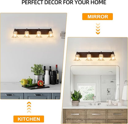 Vintage 4-Light Bathroom Vanity Light, Oil Rubbed Bronze Bathroom Light Fixtures with Floral Clear Glass Shades, Antique Wall Sconce Fixtures for Dressing Table, Bedroom