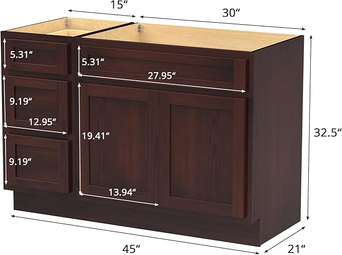 Vanity Art 45 inch Bathroom Vanity with Double Shutter Door, Wood Bathroom Vanity Cabinet with Soft Closing Shaker Drawer, Sturdy Floor Mounted Storage Cabinet Organizer for Bathroom, VA4030+VA4015-3