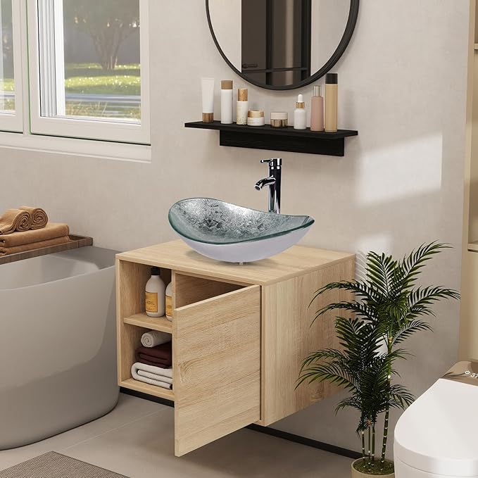 YOURLITE 24" Floating Bathroom Vanity with Sink, Wall-Mounted Bathroom Vanity and Sink Combo with Mirror and Faucet & Pop Up Drain Set Sliver Glass Boat Bathroom Sink
