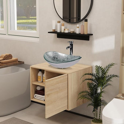YOURLITE 24" Floating Bathroom Vanity with Sink, Wall-Mounted Bathroom Vanity and Sink Combo with Mirror and Faucet & Pop Up Drain Set Sliver Glass Boat Bathroom Sink