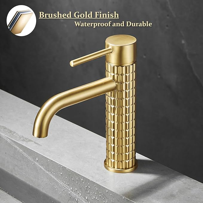 Brushed Gold Bathroom Sink Mixer Tap - Single Lever Brass Basin Faucet, One Hole Water Tap for Modern Bathroom Design, Stylish & Durable
