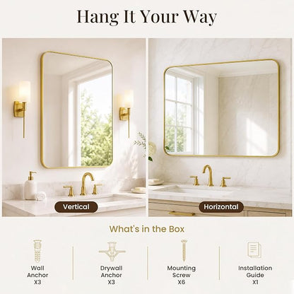 2-Pack 24x30 Inch Brushed Gold Rounded Rectangle Vanity Mirrors | Double Vanity or Two Bathrooms, Pair or Separate Use, Aluminum Frame, Slim Front Profile, Two-Way Mount