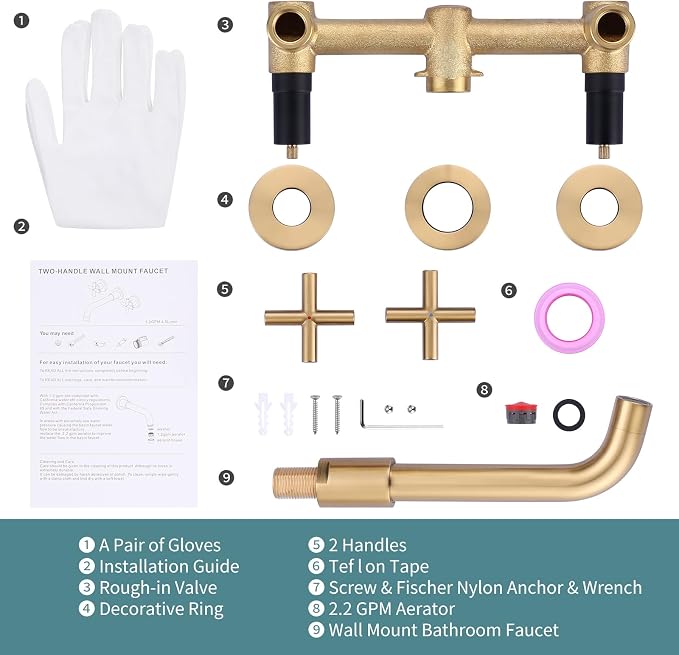 ARCORA Wall Mount Bathroom Faucet, Black and Gold Bathroom Sink Faucet, 2 Handle Wall Mount Vessel Sink Faucet Rough in Brass Valve Included