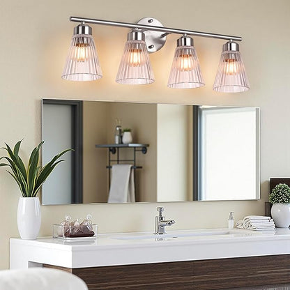 4-Light Bathroom Vanity Light, Brushed Nickel Bathroom Light Fixtures Over Mirror with Stripe Glass, Modern Wall Lamp, Wall Sconces Lighting for Living Room Bedroom Kitchen Hallway