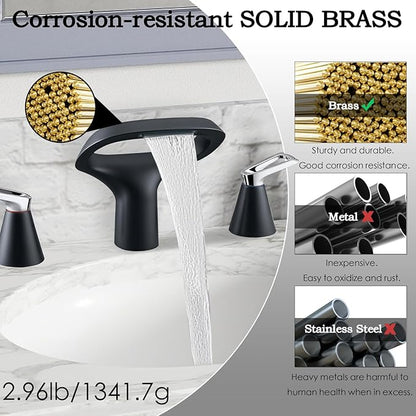 Black Bathroom Faucets for Sink 3 Hole, 8 Inch Modern Bathroom Faucet with Adjustable Spout, Solid Brass Widespread Sink Faucet with Water Supply Hoses, 2 Chrome Handles
