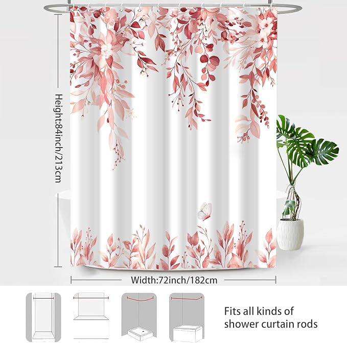 Pink Floral Eucalyptus Shower Curtain with Hooks, 72x78 Inch | Waterproof Fabric, Watercolor Leaves and Floral, Botanical Style, Machine Washable, Quick-Drying, for Hotel Bathroom