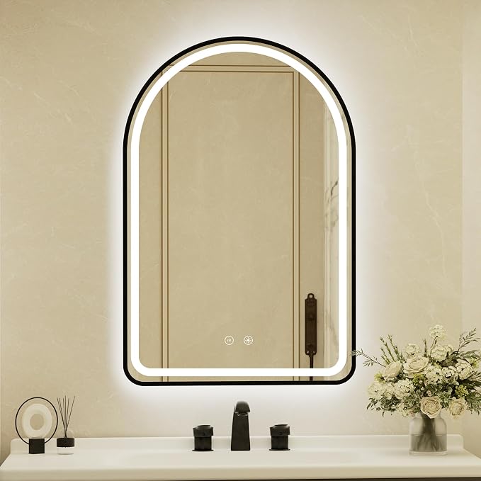 26x40 Inch Arched Black Aluminum Frame LED Bathroom Mirror with Lights, Lighted Vanity Mirror for Wall,Tempered Glass,Anti-Fog, Stepless Dimmable, 3 Color Temperature Vanity Mirror