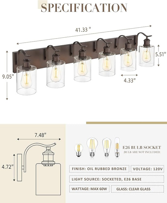 Bathroom Vanity Light Fixtures 6-Light Clear Glass Modern Wall Mounted Over Mirror Oil Rubbed Bronze - VL01ORB-6