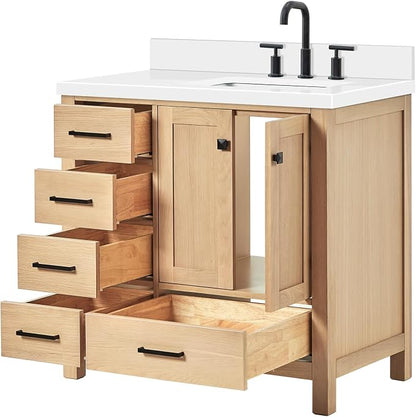 ARIEL Cambridge 36-inch Bathroom Vanity with Sink,Solid Wood, 1.5-inch Pure White Quartz Countertop, Single Rectangular Porcelain Sink, 2 Soft Closing Doors, 5 Dovetail Drawers, White Oak