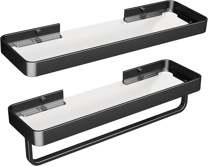16-Inch Black Floating Bathroom Shelves with Towel Bar， Clear Tempered Glass Wall Shelf 2-Pack – Versatile Bathroom Organizer Set