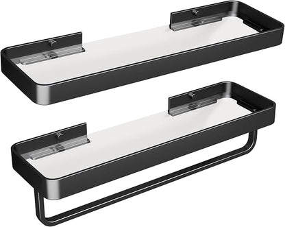 16-Inch Black Floating Bathroom Shelves with Towel Bar， Clear Tempered Glass Wall Shelf 2-Pack – Versatile Bathroom Organizer Set