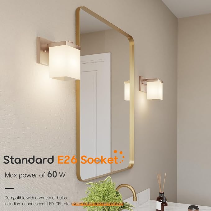 Wall Sconce Over Mirror Champagne Bronze Bathroom Vanity Lighting Fixtures with White Frosted Glass, Wall Lamps for Porch Entrance, 2 Pack T003CPG-L1-P2